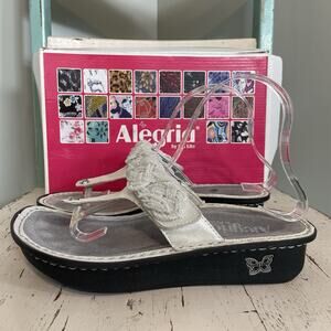 Alegria Sandals Womens 7.5 Carina White Shimmer Rope Wedge T-Strap Slip On SZ 37